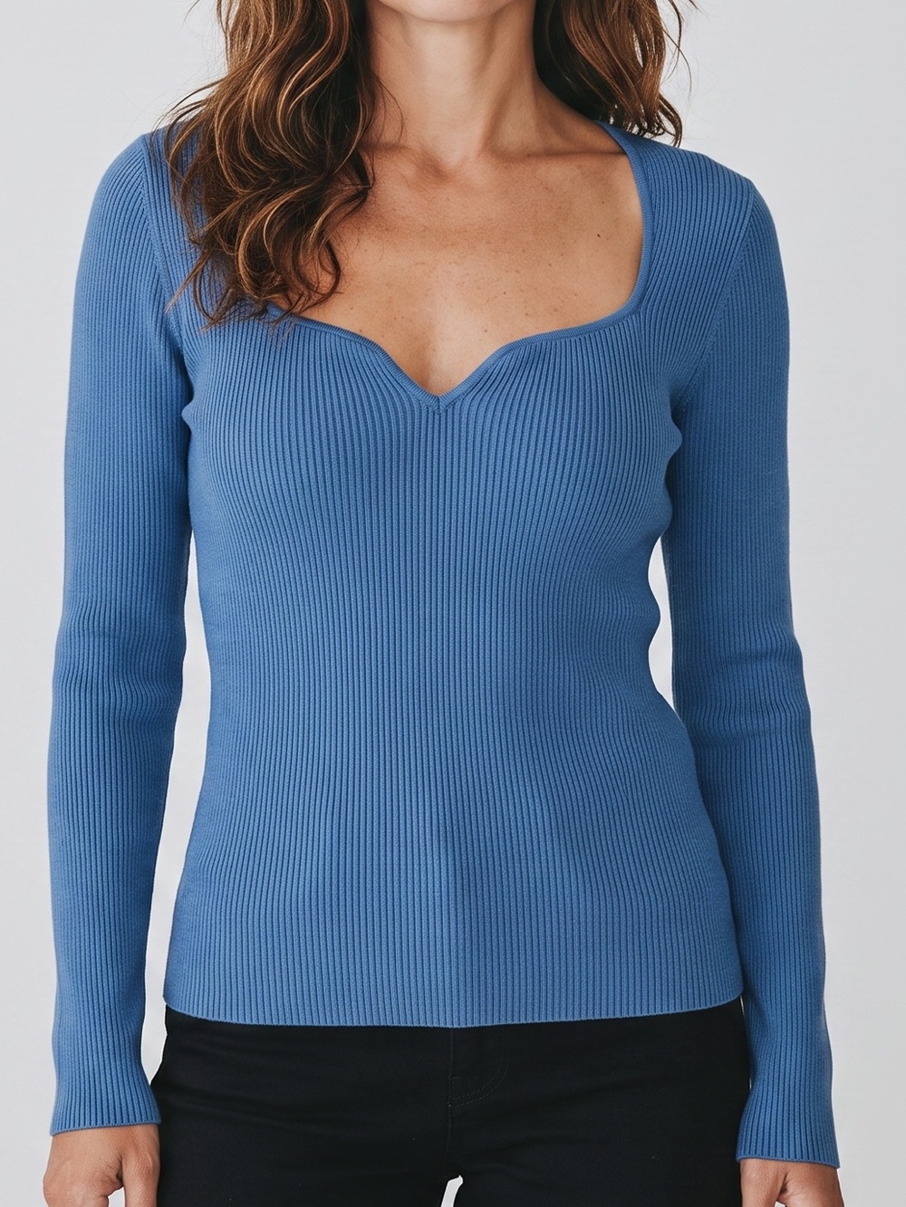 Unique Neckline blue Ribbed Knit Top - Picture 4 of 5